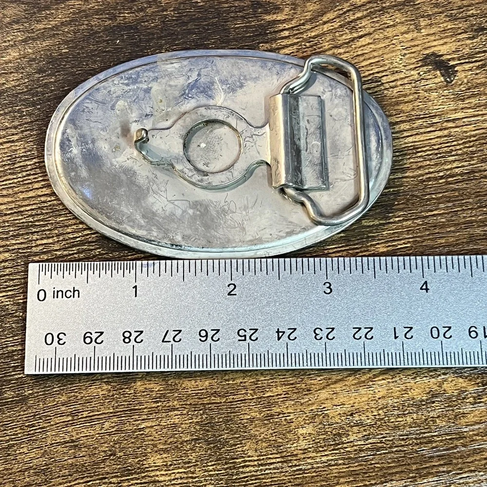 Vintage Western Belt Buckle Blue White Silver Etched Geometric Rope Border Metal